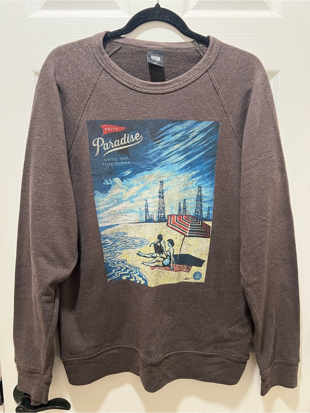 OBEY "Enjoy Paradise Until the Tide Turns" Graphic Pullover Sweatshirt Brown M